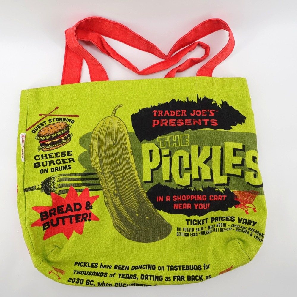 Trader Joe's Pickle In A Jar Graphic Canvas Tote Bag Green Red